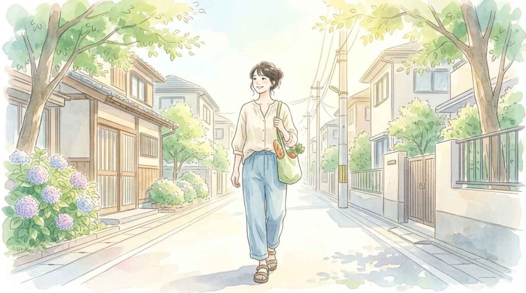 シンプルなライフスタイルで歩く女性