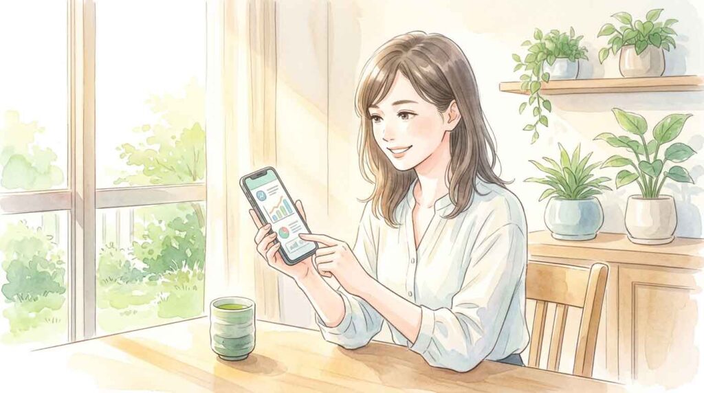 スマートフォンで投資信託の積み立て設定をする女性