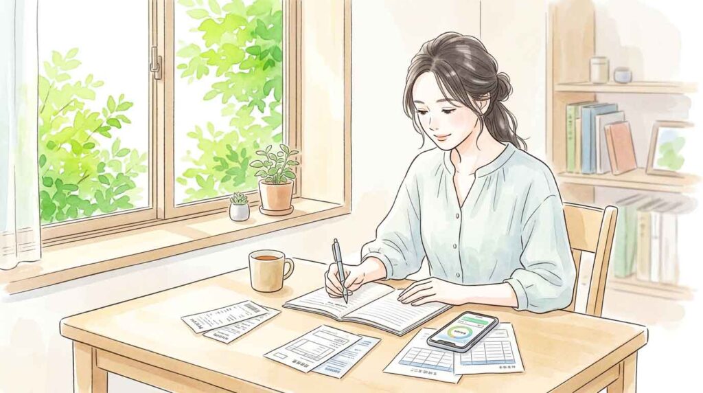 自宅で家計の固定費を見直している女性