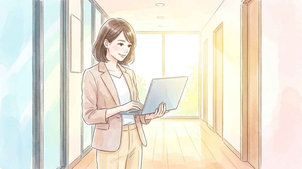 オフィスの廊下で昇進を意識して意欲的な表情の女性