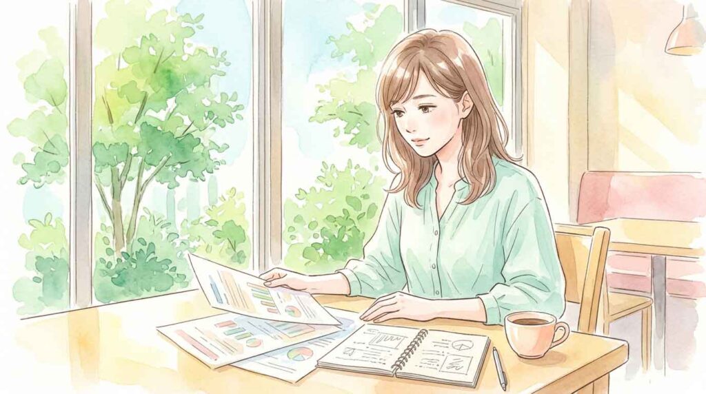 カフェで資産運用の資料を読む女性