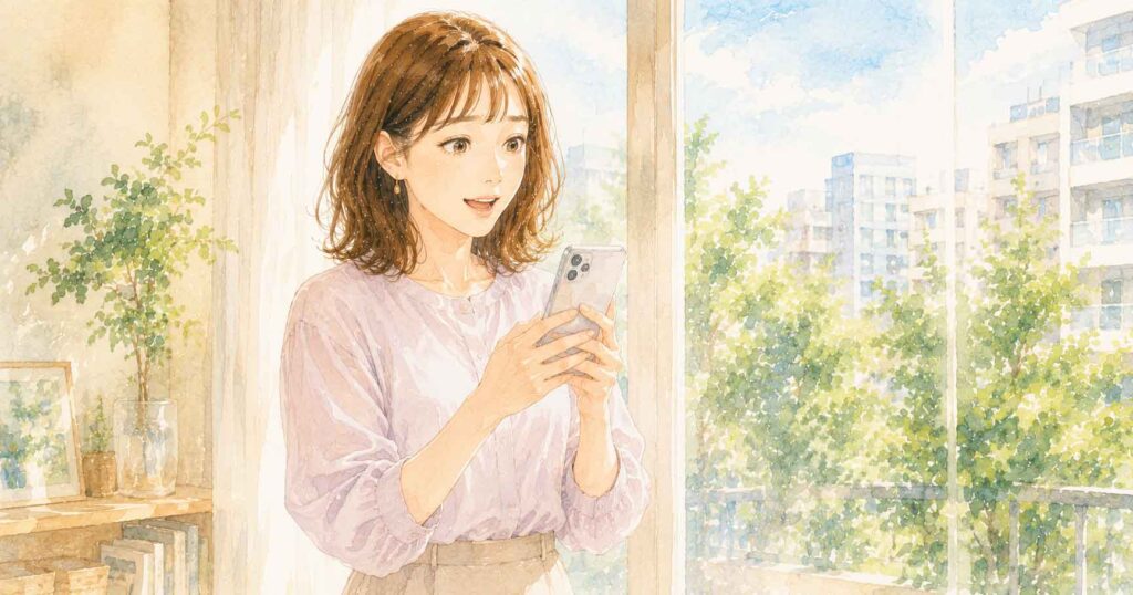 スマートフォンで資産残高を見て驚く30代女性のイラスト