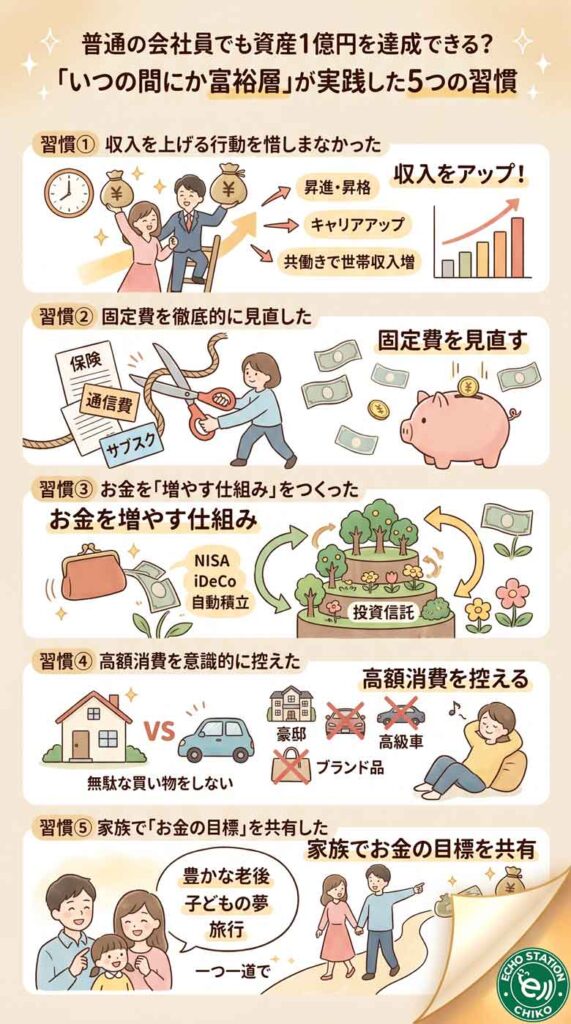 普通の会社員でも資産1億円を達成できる?「いつの間にか富裕層」が実践した5つの習慣 インフォグラフ
