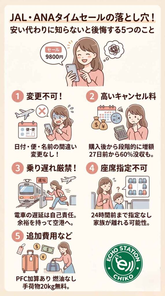 JAL・ANAタイムセールの落とし穴！安い代わりに知らないと後悔する5つのこと インフォグラフ