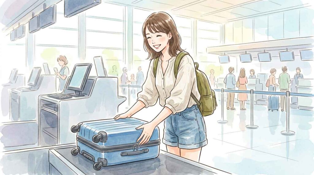 空港のチェックインカウンターでスーツケースを預ける女性