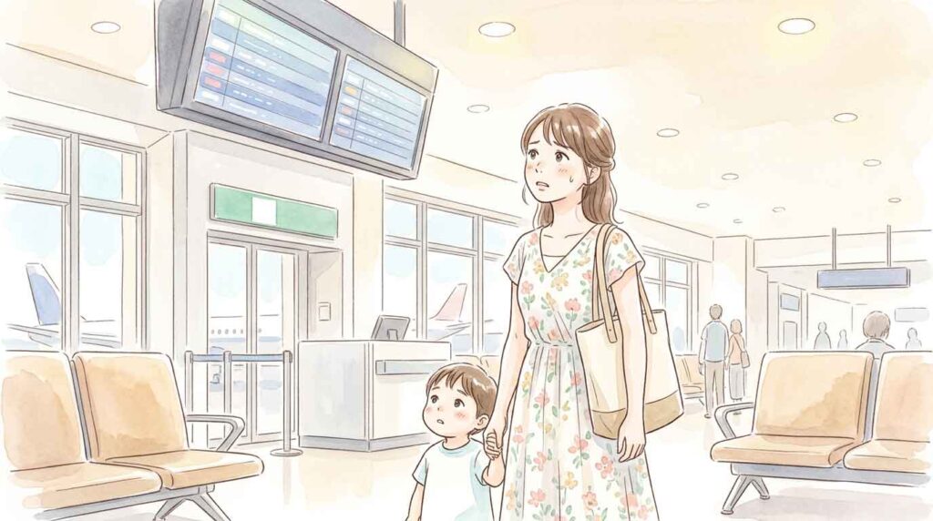 空港のゲートで子供と一緒に座席案内板を確認する母親