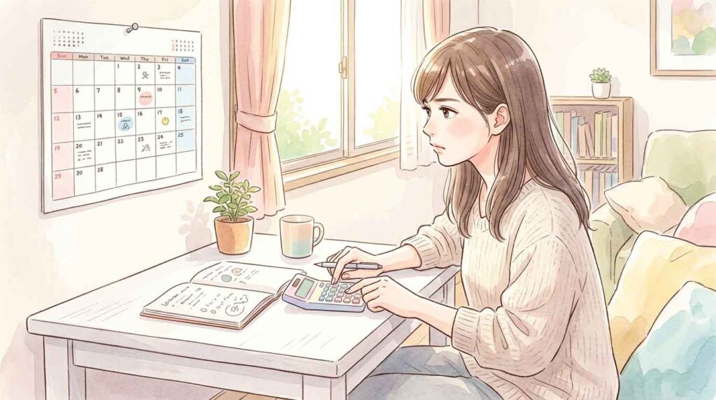 カレンダーを前に計算機を操作しながら考える女性