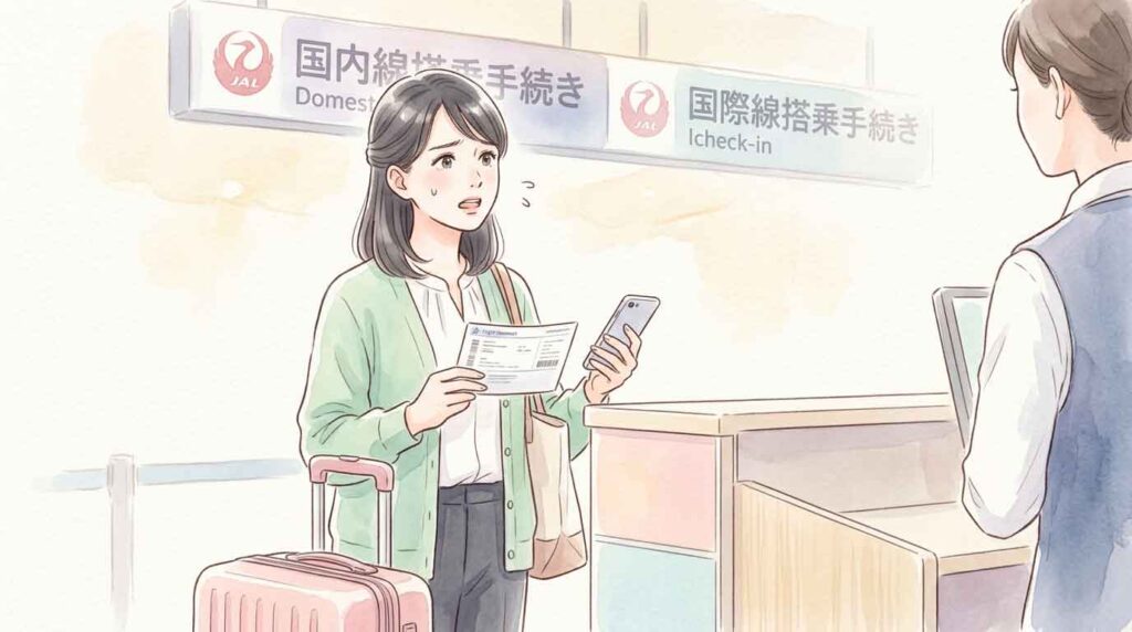 空港のカウンターで困惑した表情で話す女性