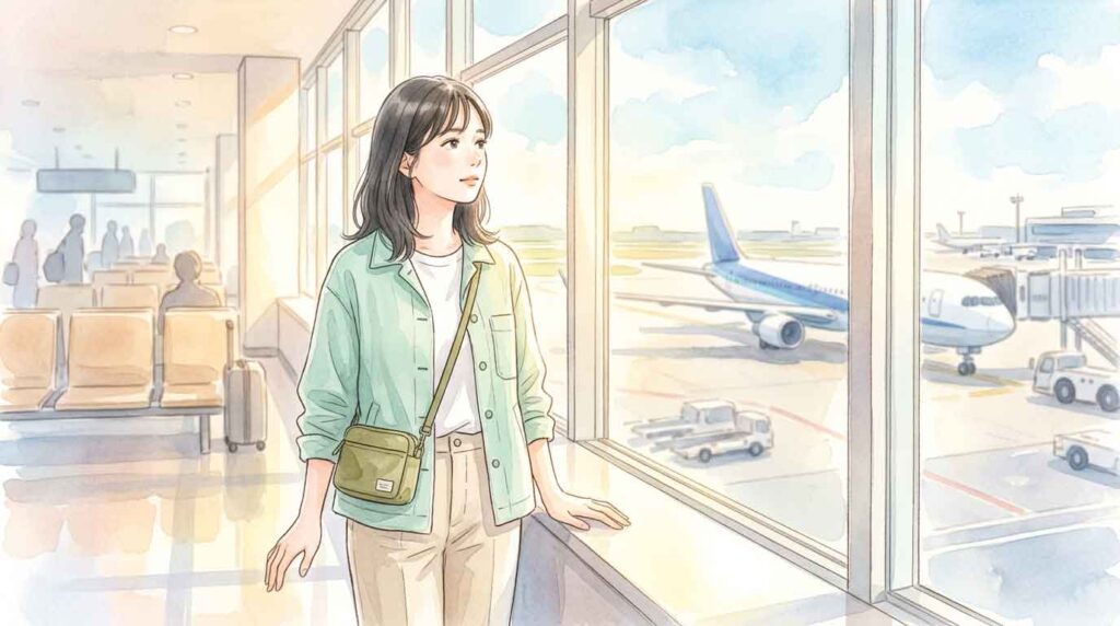 空港のターミナルで飛行機の出発を待ちながら考え込む女性