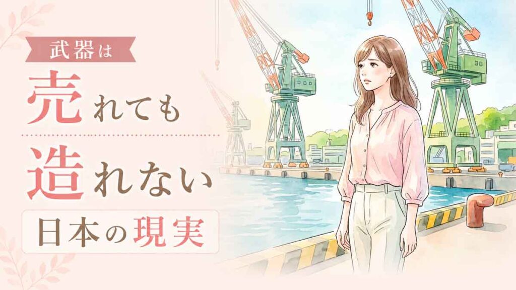 造船所のクレーンを眺めながら思案する日本人女性のイラスト
