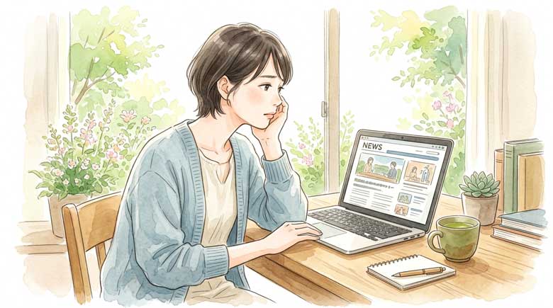 パソコンで防衛政策のニュースを読みながら考え込む女性のイラスト