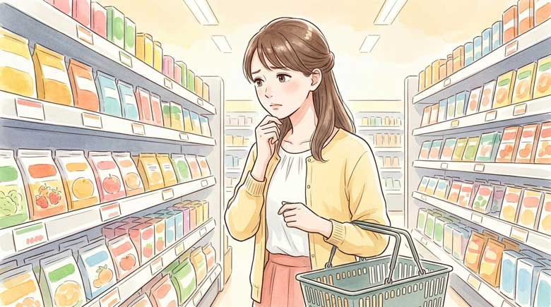 スーパーで物価を見て家計を心配する女性のイラスト