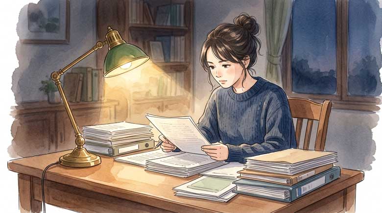 机の上に積まれた資料を前に深刻な顔をする女性のイラスト