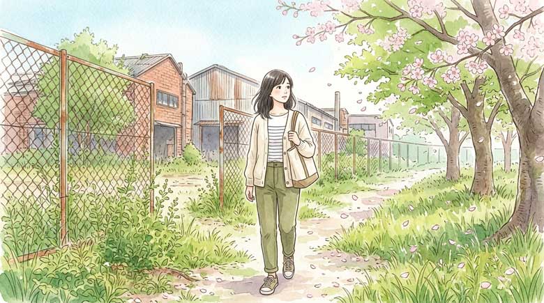 古い工場の跡地に草が生い茂る場所を歩く女性のイラスト