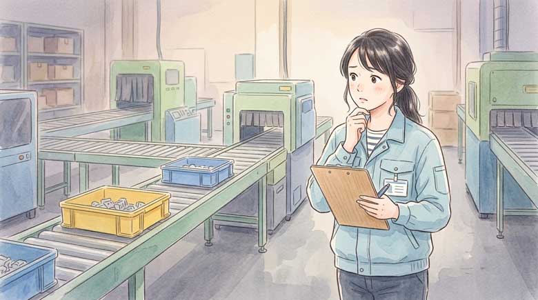 製造現場の工場で生産ラインが止まり困惑する女性のイラスト