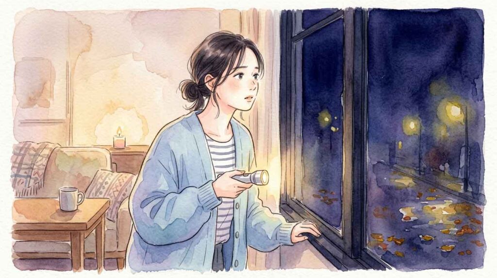 停電した北海道の夜景を窓から眺めながら不安そうな表情の日本人女性のイラスト