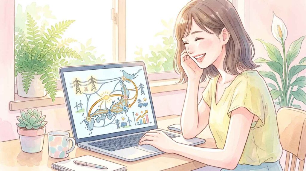 増強された送電網の地図を嬉しそうに確認する日本人女性のイラスト
