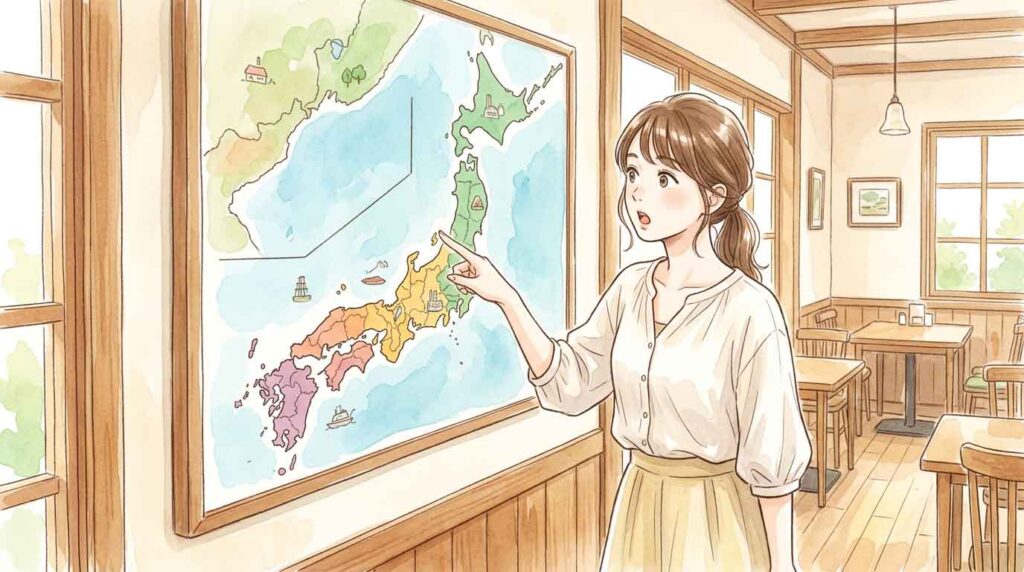 東西に分断された電力網を地図で眺めて驚く日本人女性のイラスト