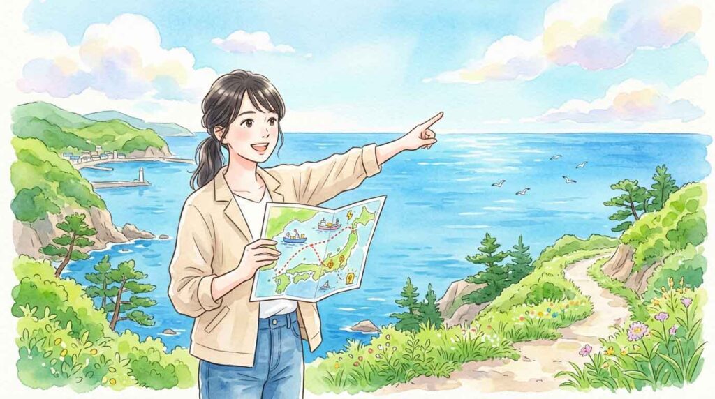 日本海の海底を通る送電ケーブルの構想を地図で指し示す日本人女性のイラスト