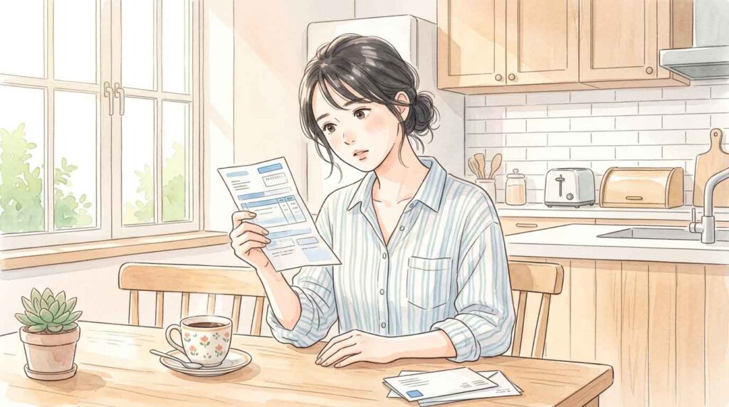 電気代の請求書を見ながら首をかしげる日本人女性のイラスト