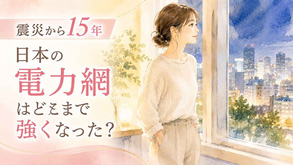 夜の都市を見下ろしながら電気のインフラについて考える日本人女性のイラスト