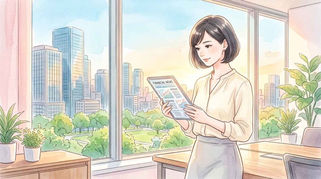 オフィスの窓際でタブレットを手に持ち経済ニュースを確認する女性のイラスト