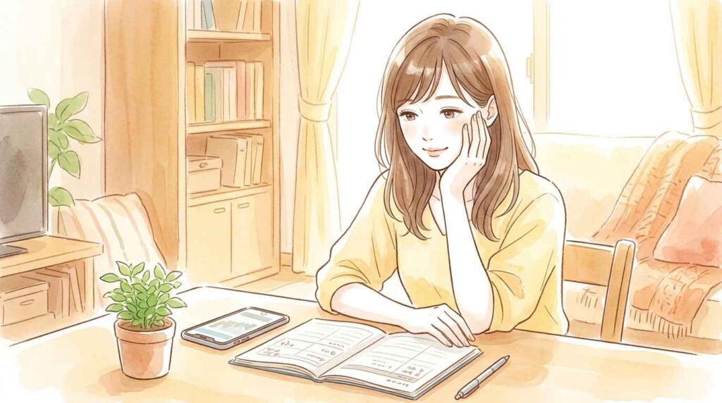 PIC6 | alt: オフィスの窓際でタブレットを手に持ち経済ニュースを確認する女性のイラスト