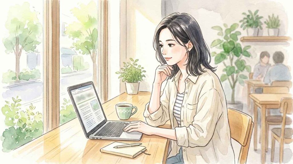 カフェでノートパソコンを開いて投資の記事を読む女性のイラスト