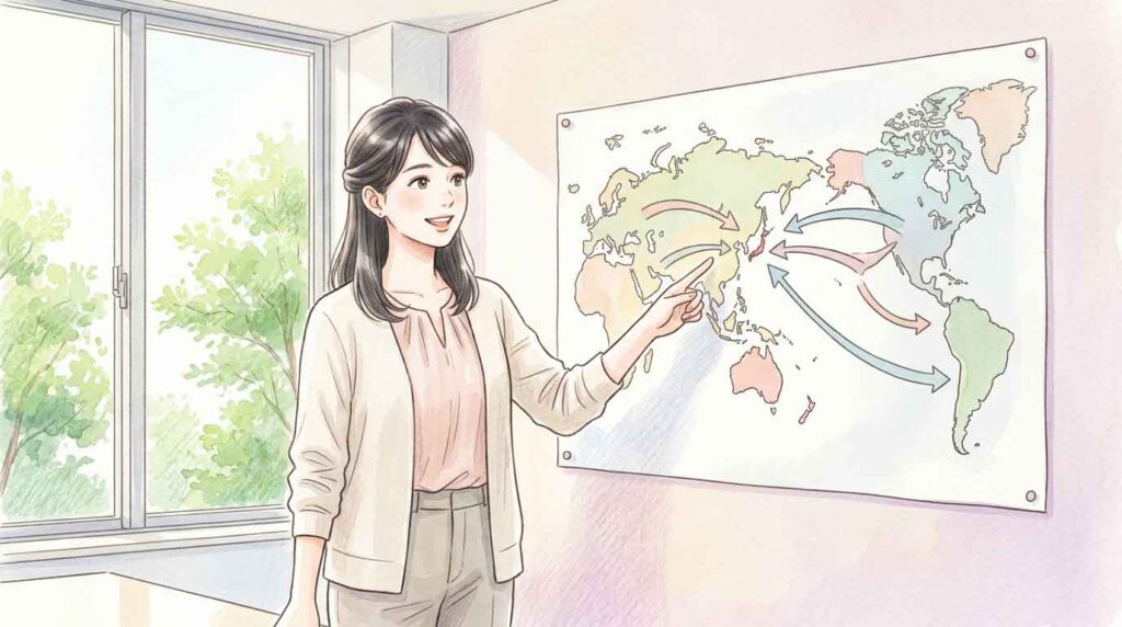 世界地図を指差してグローバル投資について話し合う女性たちのイラスト