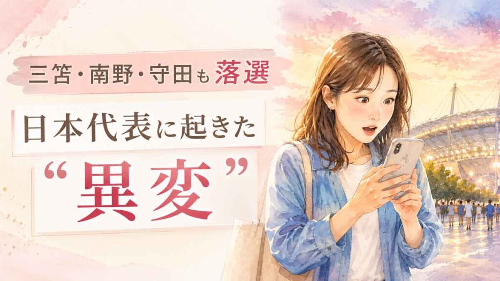 スタジアムの前でスマートフォンを見て驚いた表情の女性