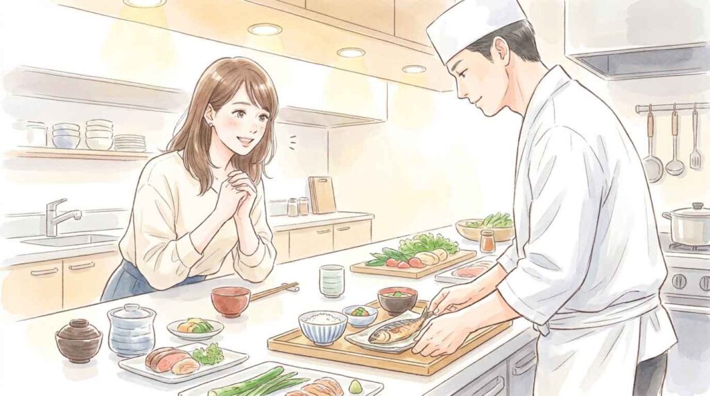 キッチンで丁寧に料理を作る女性の後ろ姿
