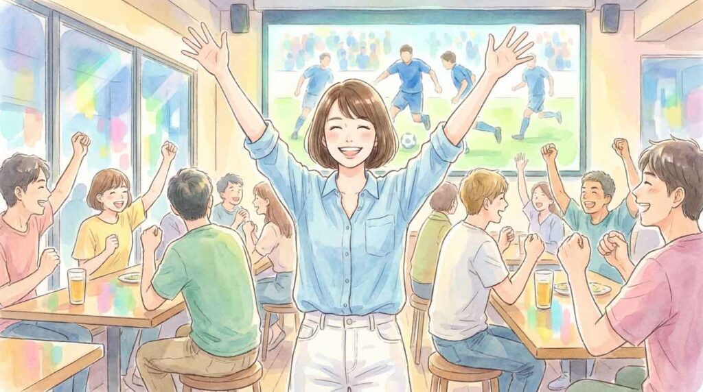 スタジアムのスクリーンを見上げて期待に胸を膨らませる女性