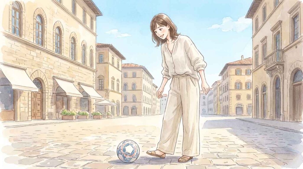  ヨーロッパの街並みを背景にサッカーボールを見つめる女性
