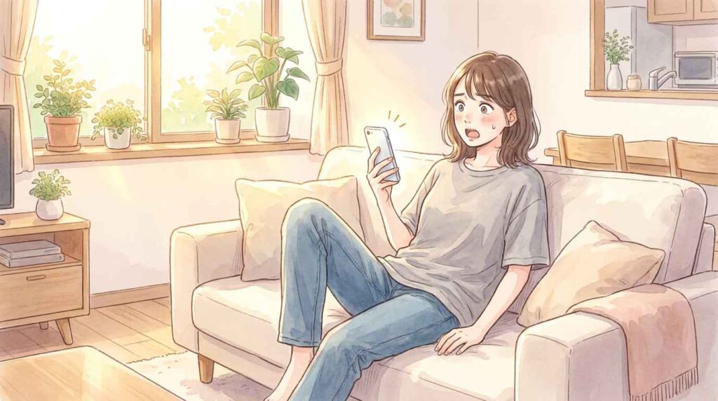 ニュースを見て驚いた顔でスマートフォンを持つ女性