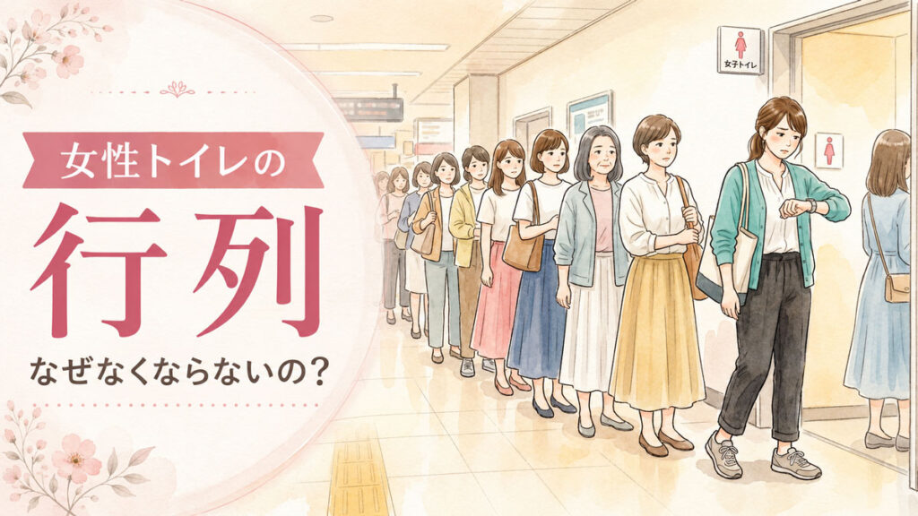 駅の女性トイレの前で行列に並ぶ女性たちのイラスト