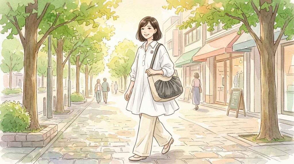 街中を軽やかに歩く笑顔の女性のイラスト