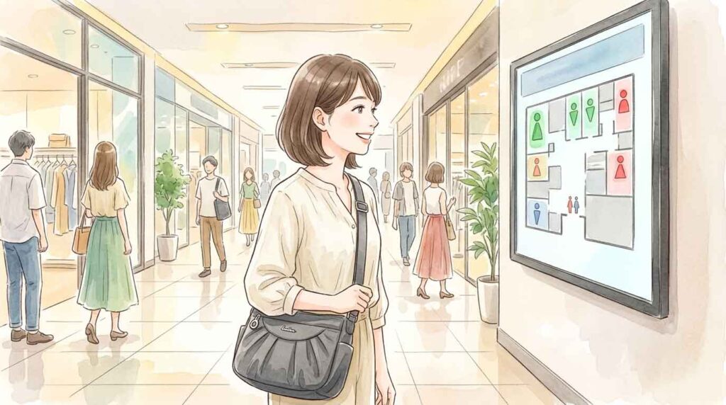デジタルサイネージでトイレの空き状況を確認する女性のイラスト