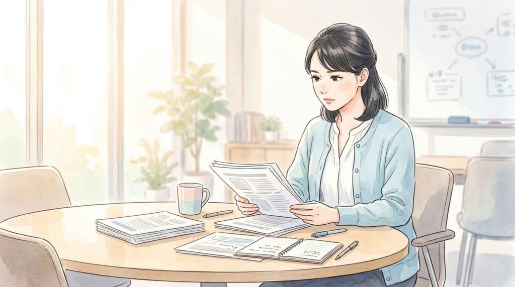  書類を手に真剣な表情で話し合う女性のイラスト