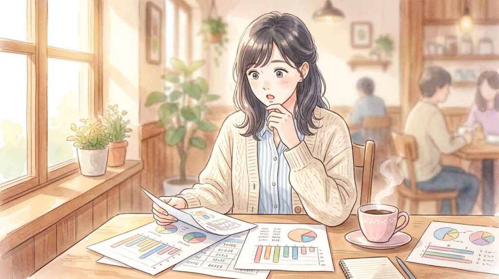 グラフや数字を眺めながら驚いた表情の女性のイラスト