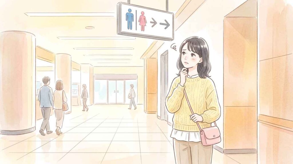 公共施設のトイレ案内板を見て困った表情を浮かべる女性のイラスト