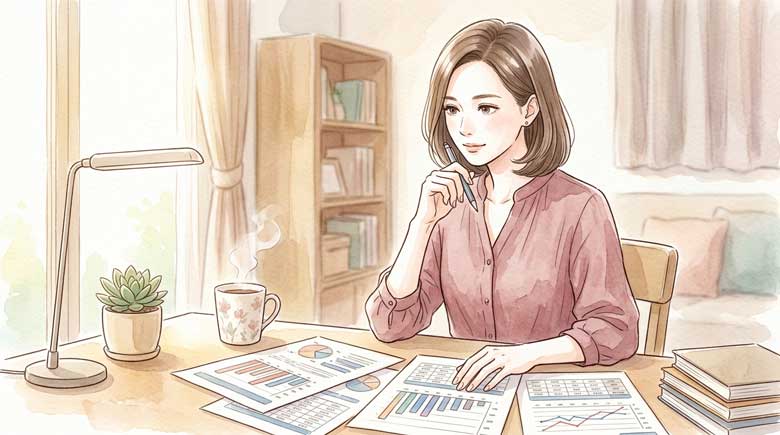  グラフや数字が並ぶ資料を手にしながら考えている女性のイラスト