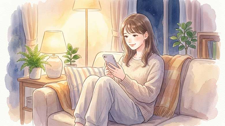スマートフォンでAIコーチングを使いながらほっとした表情をしている女性のイラスト