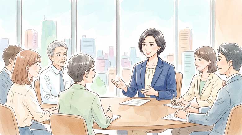 会議テーブルで女性役員が笑顔で意見を述べ、周囲が真剣に聞いているイラスト