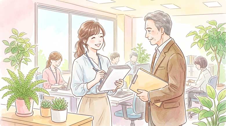 保険会社のオフィスで書類を手に笑顔で話す女性社員と上司のイラスト