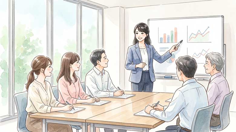 会議室でプレゼンをしている女性と、うなずきながら聞く同僚たちのイラスト
