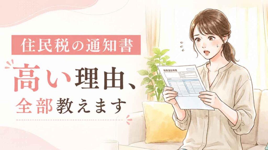 住民税の通知書を見て驚いた表情でスマートフォンを持つ女性のイラスト