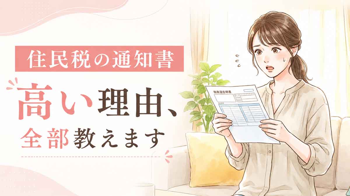 住民税の通知書を見て驚いた表情でスマートフォンを持つ女性のイラスト