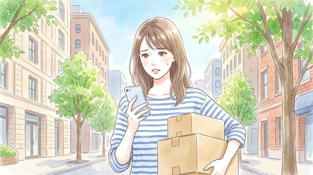 引っ越し作業の中でスマートフォンを見て困った表情の女性のイラスト