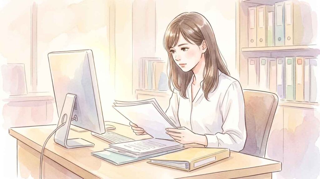 オフィスで経理書類をチェックする女性社員のイラスト