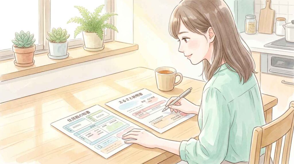住民税の計算書類を眺めながら考え込む女性のイラスト